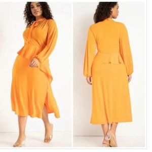 Plus Size 26, 4X Orange ELOQUII Dress Tie Neck Asymmetrical Peplum Long Sleeve